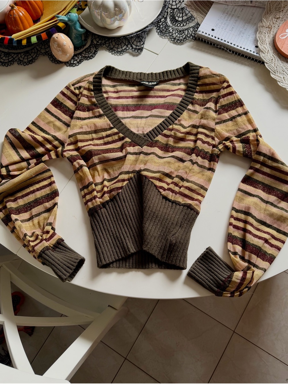 Vintage Y2K Guess Jeans Stripe Glitter Sheer V-neck Top
